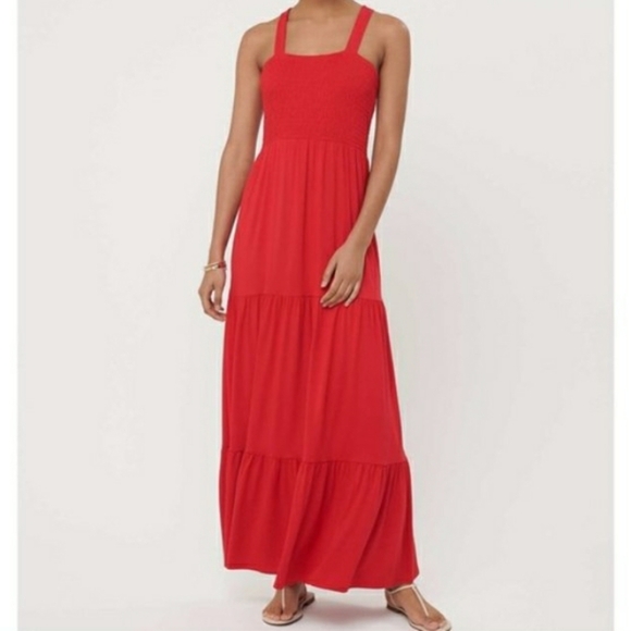 LOFT Red Smocked Bodice Tiered Maxi Tank Dress Stretchy SZ Small - Picture 1 of 4